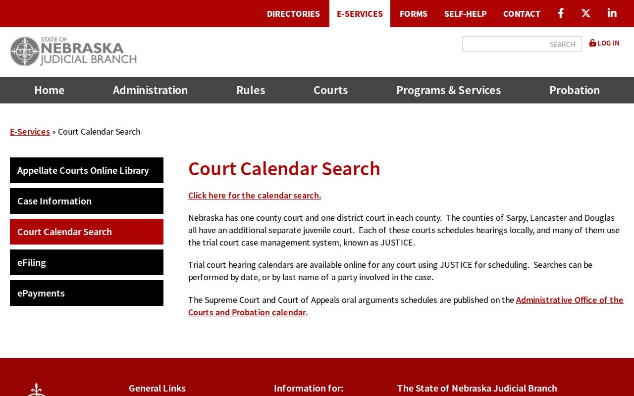 Nebraska trial-court calendar search by party and date