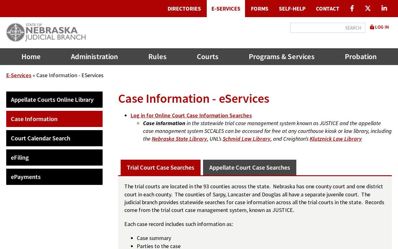 Nebraska JUSTICE public case search information